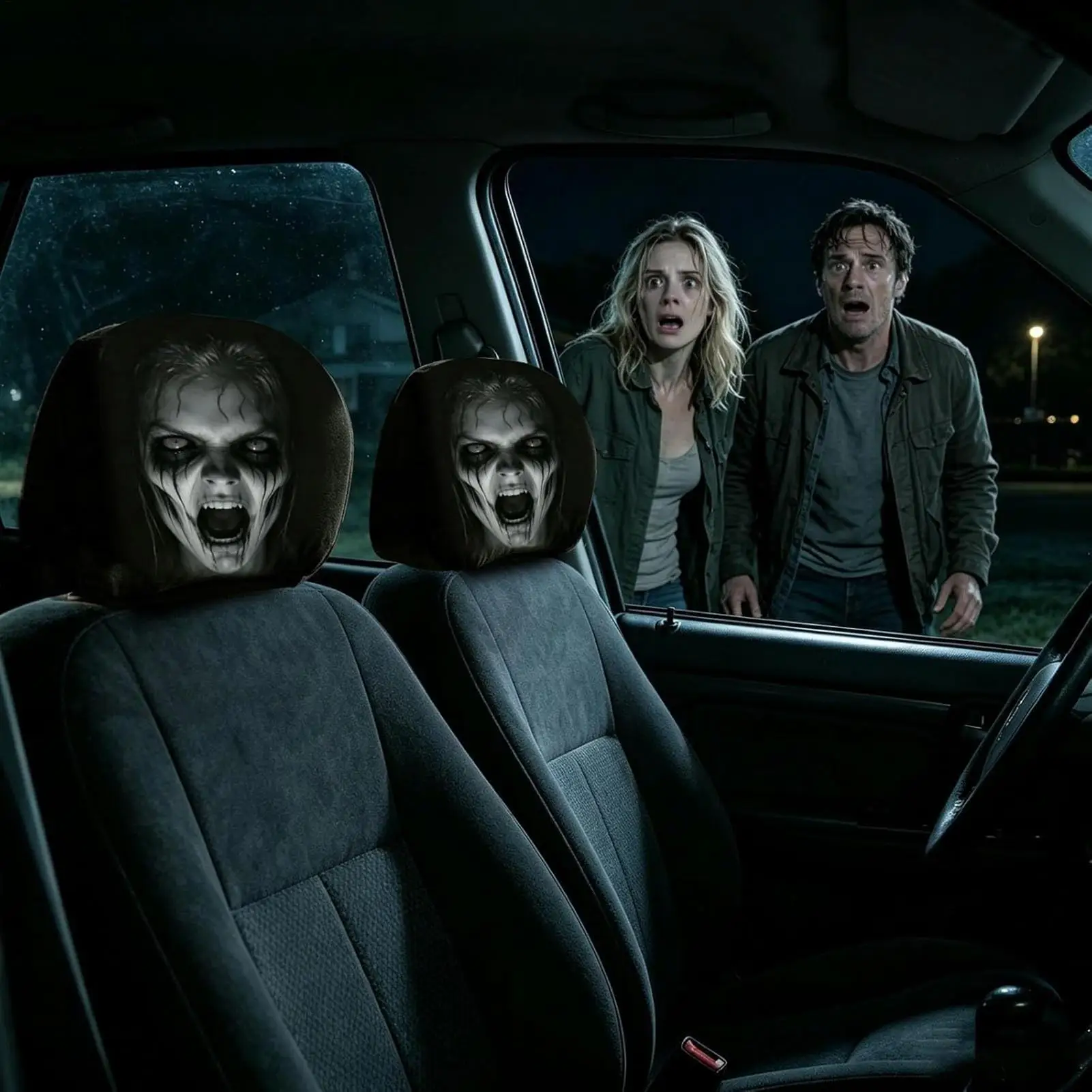 Scary Headrest Covers For Cars 2 Pieces Universal Spooky Ghost Face Breathable Car Headrest Cover For SUVs Trucks Halloween Trip