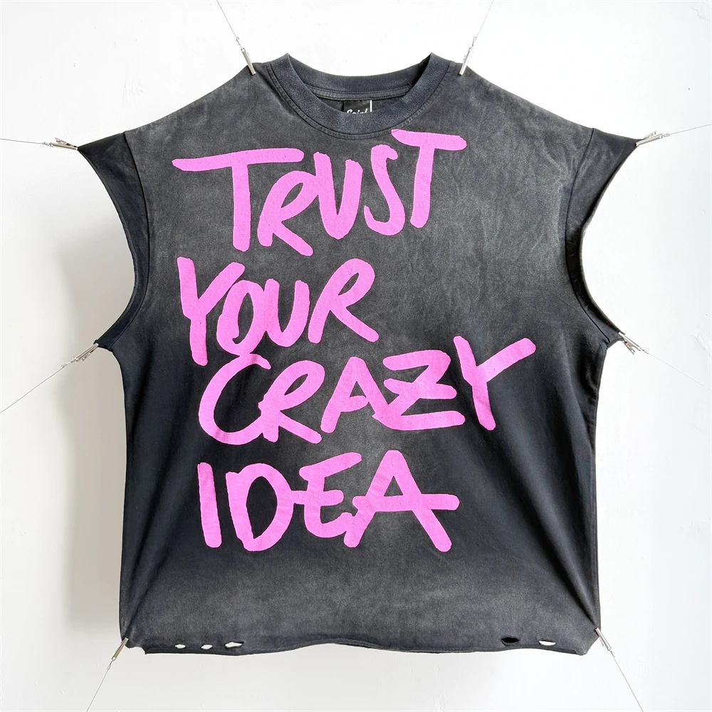 Washed Saint Trust Yourself Vintage Sleeve Cut T-Shirt Men Women Sleeveless Top T Shirt Tee Tops