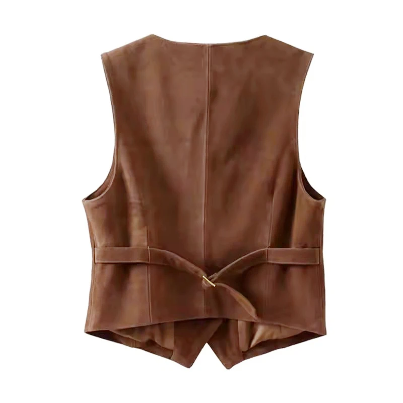 100% Genuine Cowhide Women\'s Vest Tops 2024 Autumn New Vintage British Style V-neck Cow Suede Female Casual Short Waistcoat Tops