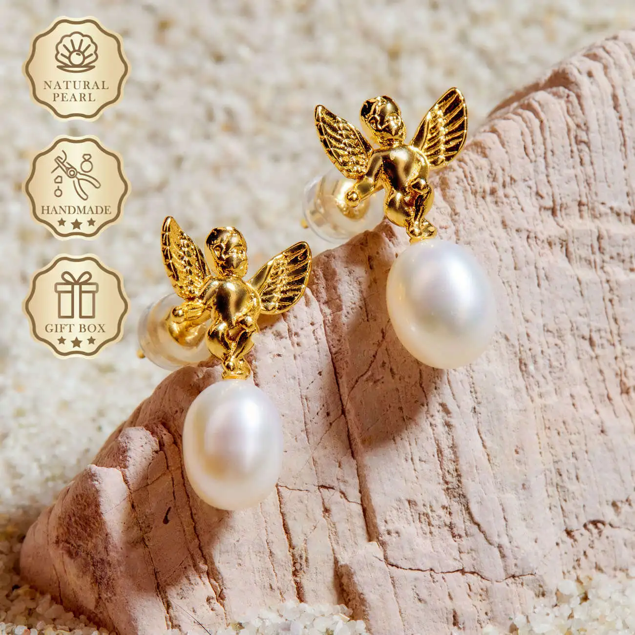 

MYSOYA White Rice Freshwater Pearl Earrings 6–7mm with Gold Angel Charm, Gift Box, Birthday & Anniversary Gift