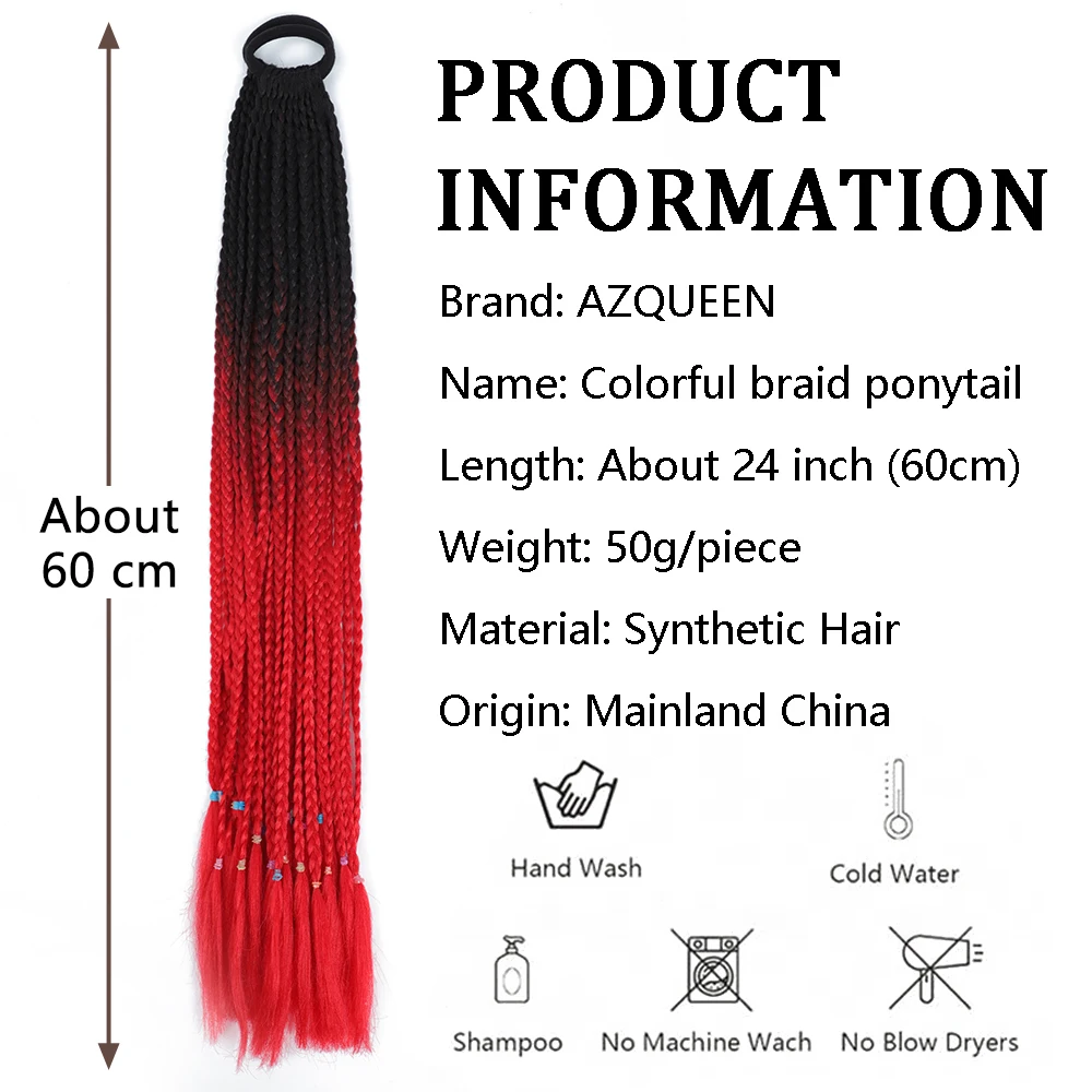 Synthetic Colored Braids Hair Extensions with Rubber Bands Rainbow Braided Ponytail Hairpieces Hair Three Braids 24 Inches