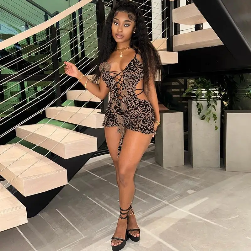 

Low Cut Hollow Lace up Tight Jumpsuit for Women High Waist ort Sve Slim Fit Suit Spring Faion Ladieswear