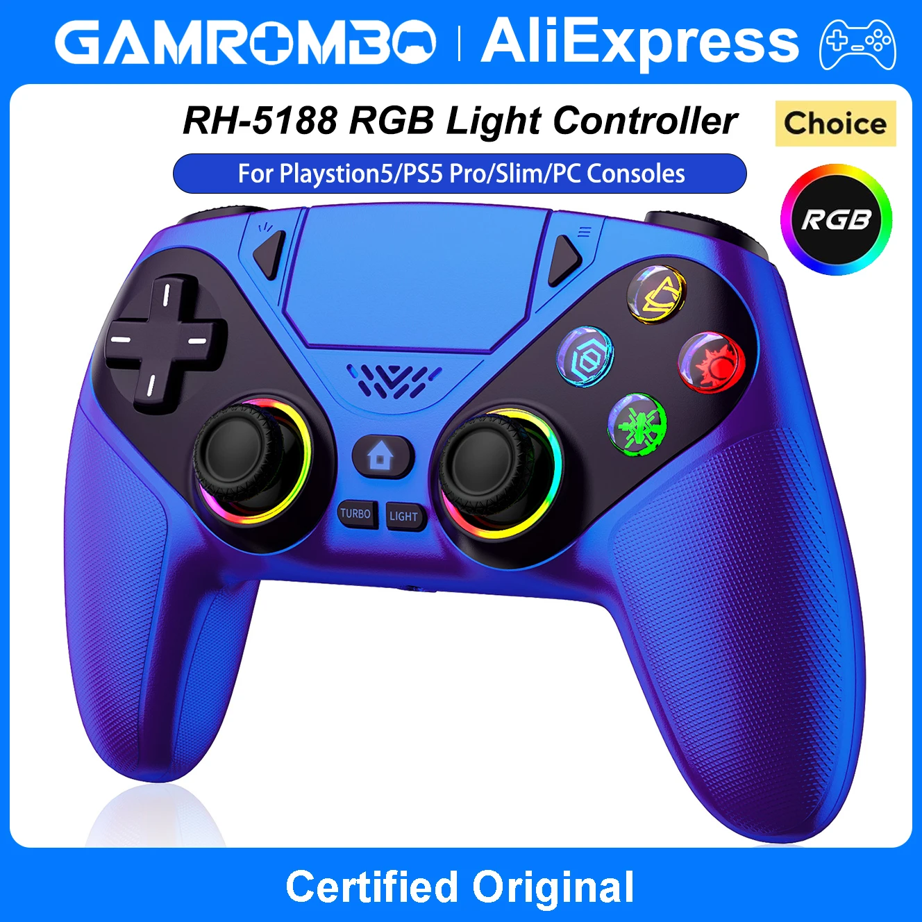 

Беспроводной контроллер RGB для консолей PS5/PS5 Pro/Slim/PC/Steam с функцией двойной вибрации, макросами/турбо и аудиоразъемом 3,5 мм