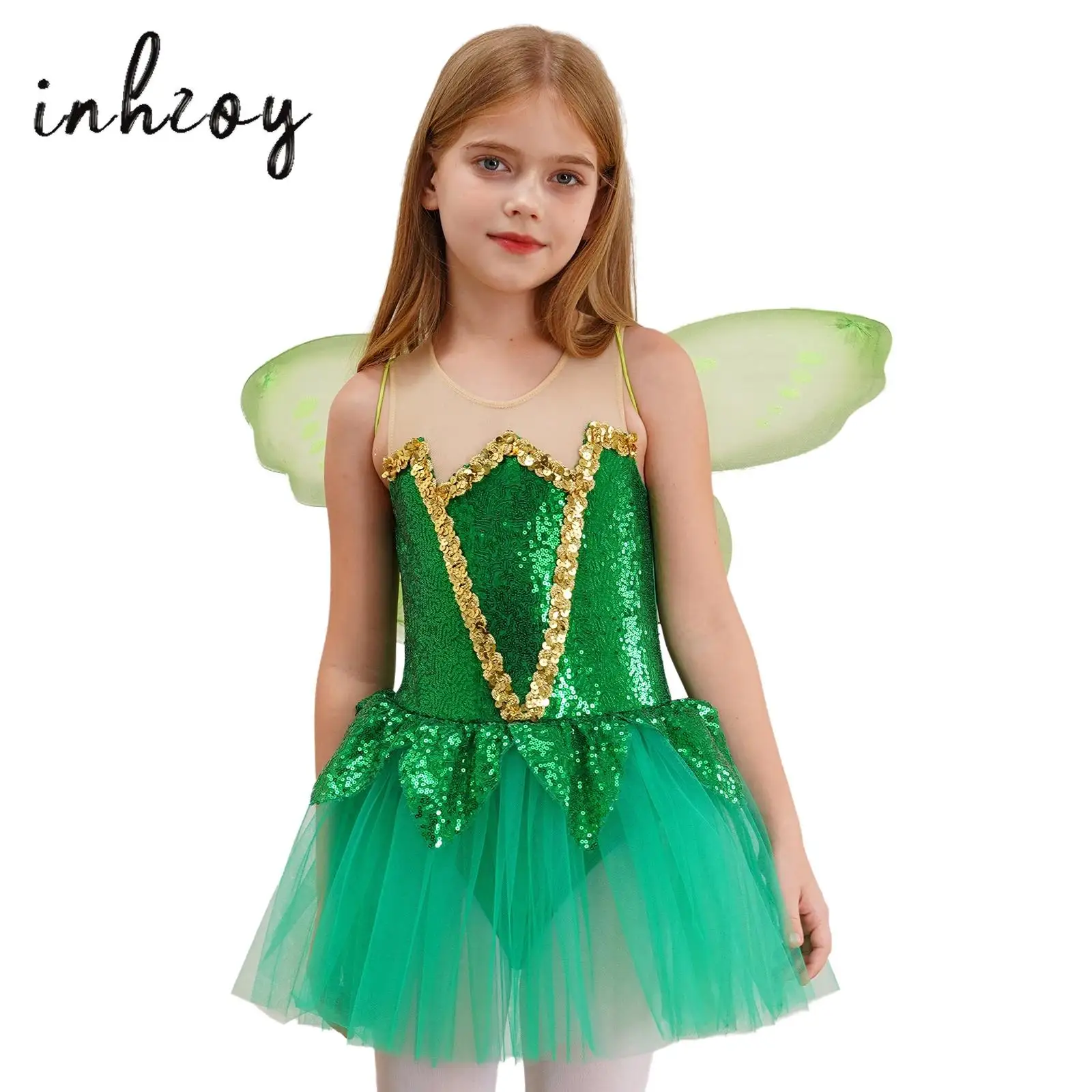

Girls Halloween Fairy Elf Cosplay Costume Sleeveless Keyhole Back Shiny Sequins Mesh Tutu Dress Bodysuit Party Dress-up Outfit