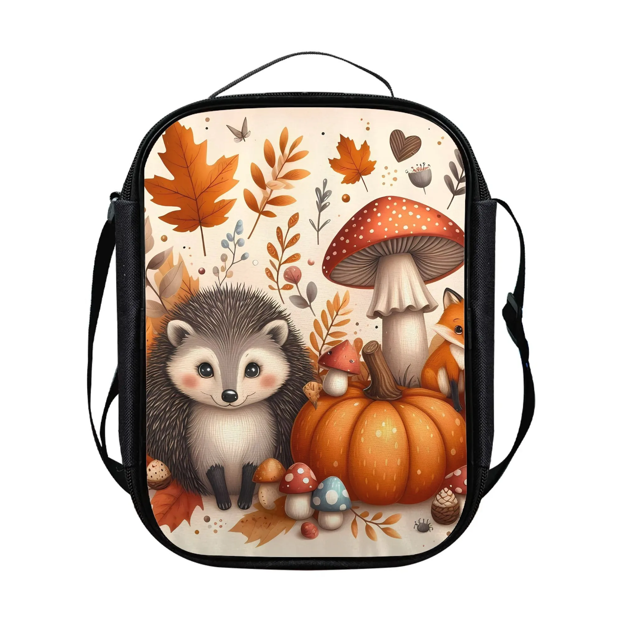 Autumn Hedgehog Fox Mushroom Print Insulated Lunch Bag 600D Oxford Fabric for School Office Picnic
