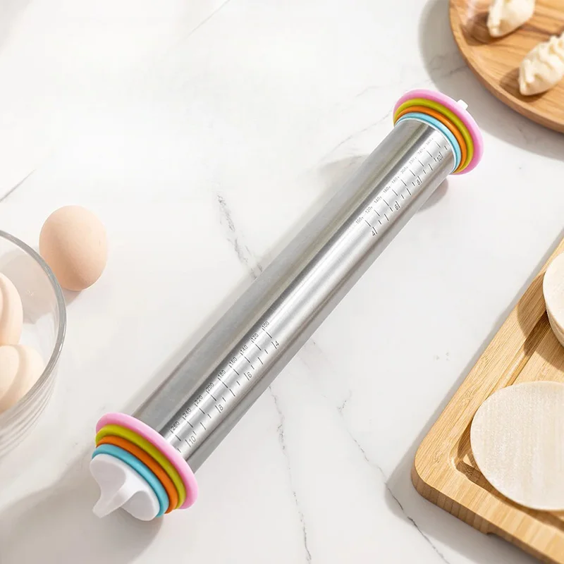 17 Inch Stainless Steel Adjustable Rolling Pin with 4 Thickness Removable Rings Dough Roller for Pizza Cookie Baking Tools