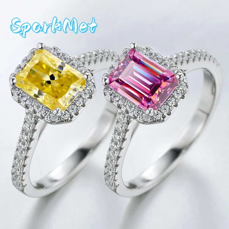 

SparkMet Роскошное кольцо из 100% розового изумруда с муассанитом и сертификатом, пройденное испытание на бриллианты, серебряное кольцо S925, женское ювелирное изделие, подарок
