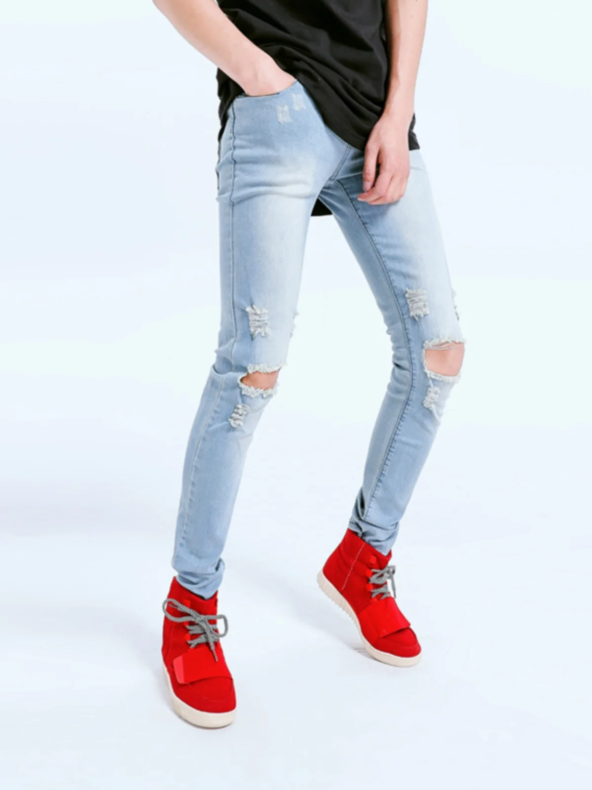 

Trendy Men's High Street Knee-High Hole Jeans Kanye West Elastic Slim Fit Pants Cotton Polyester Spandex Casual Long Trousers