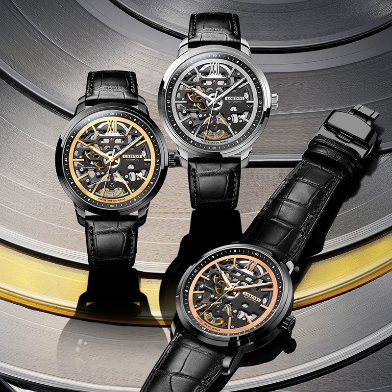 LOBINNI 42mm quadrante scheletrato orologio automatico da uomo cinturino in pelle di marca di lusso orologio da polso a carica automatica da uomo