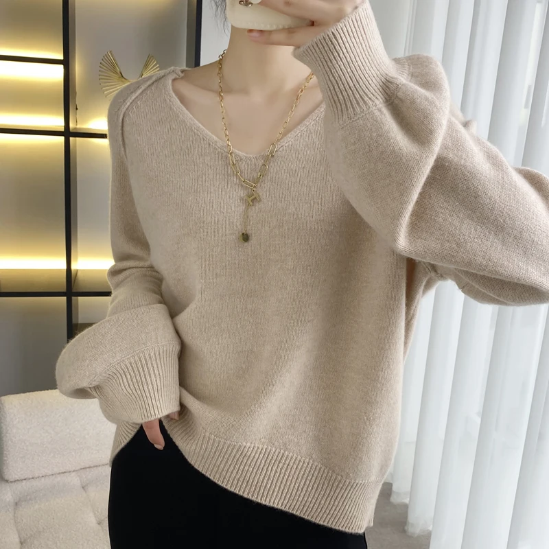 Women's V-Neck Cashmere Sweater, Loose Knitted Sweater, Bubble Sleeve, Bottoming Shirt, Lazy Wool, Autumn and Winter, New