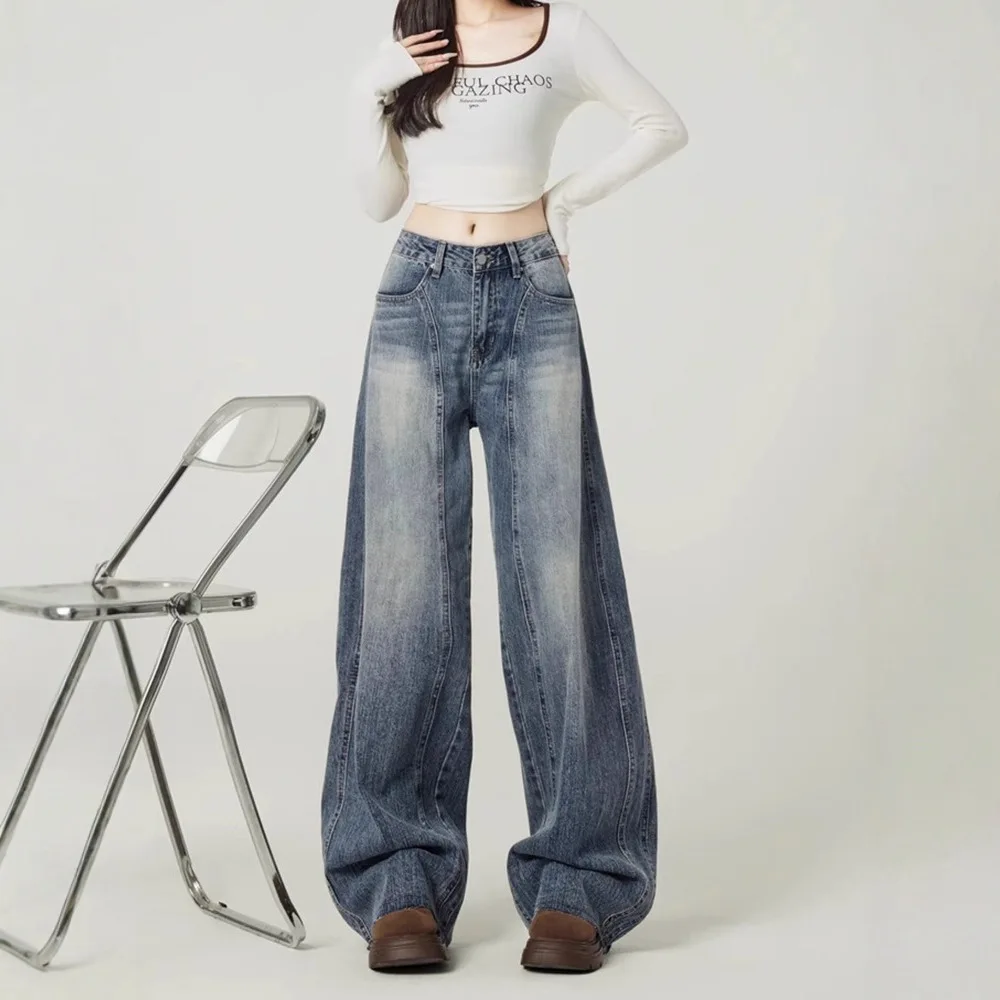 Vintage Blue Wide-Leg Jeans For Women, Autumn Trendy Versatile New Design High-Waisted Draped Scimitar Pants