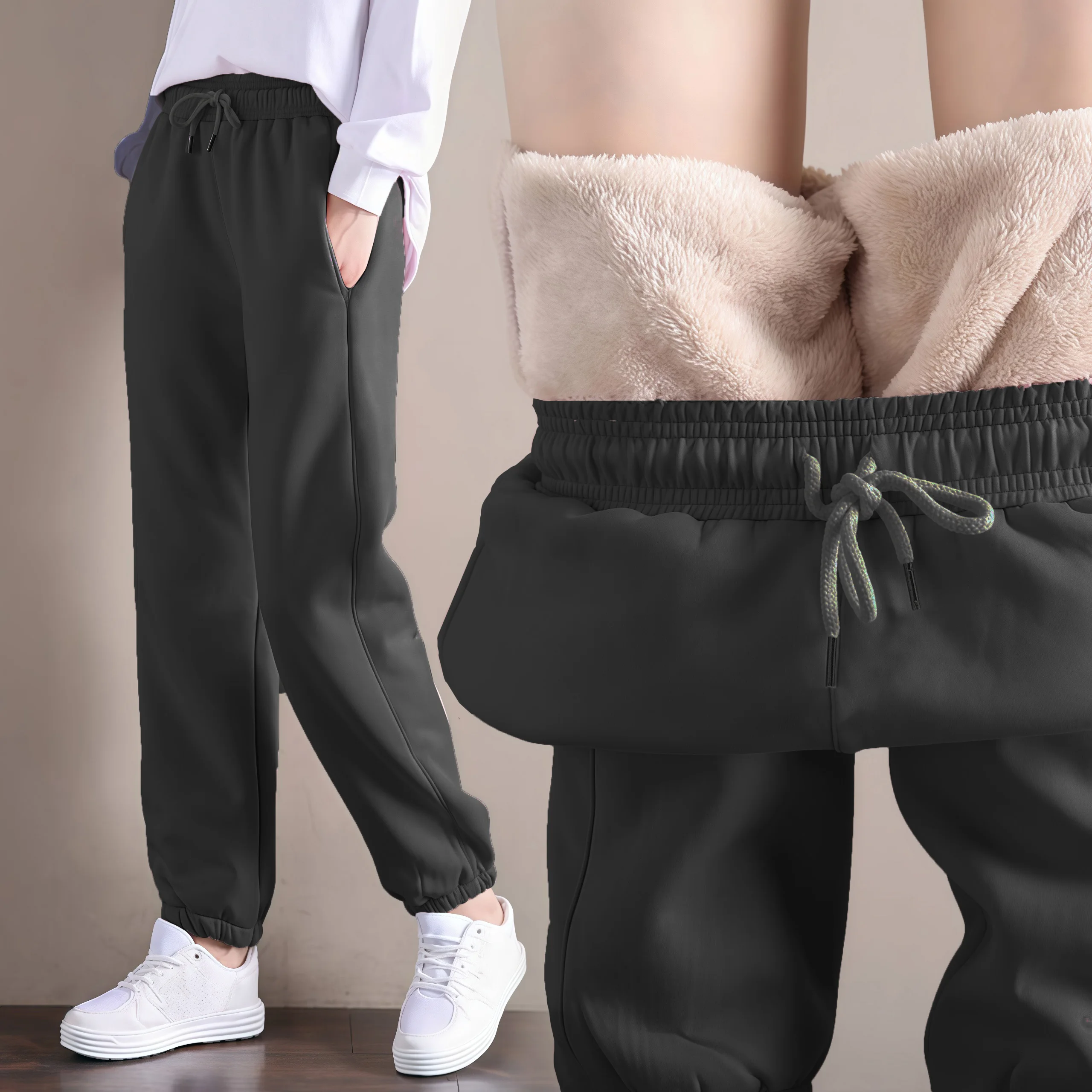 女性の冬の暖かいパンツレディースソリッドカラーファッショナブルカジュアルベルベットポケットストラップ付き暖かいパンツサーマルパンツ
