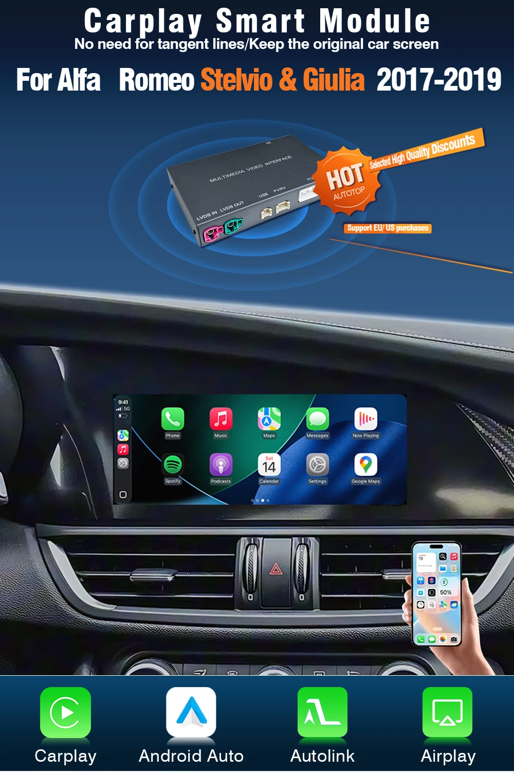 AUTOTOP Wireless Carplay Android Auto Models Funktionsbox für Alfa Romeo Stelvio & Giulia 2017–2019, kompatibel mit OEM-Kamera – Detail 3