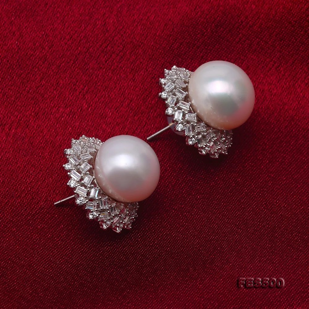 Unique Pearls Jewellery Huge 13-13.5mm White Freshwater Cultured Pearl Stud Earrings 925S