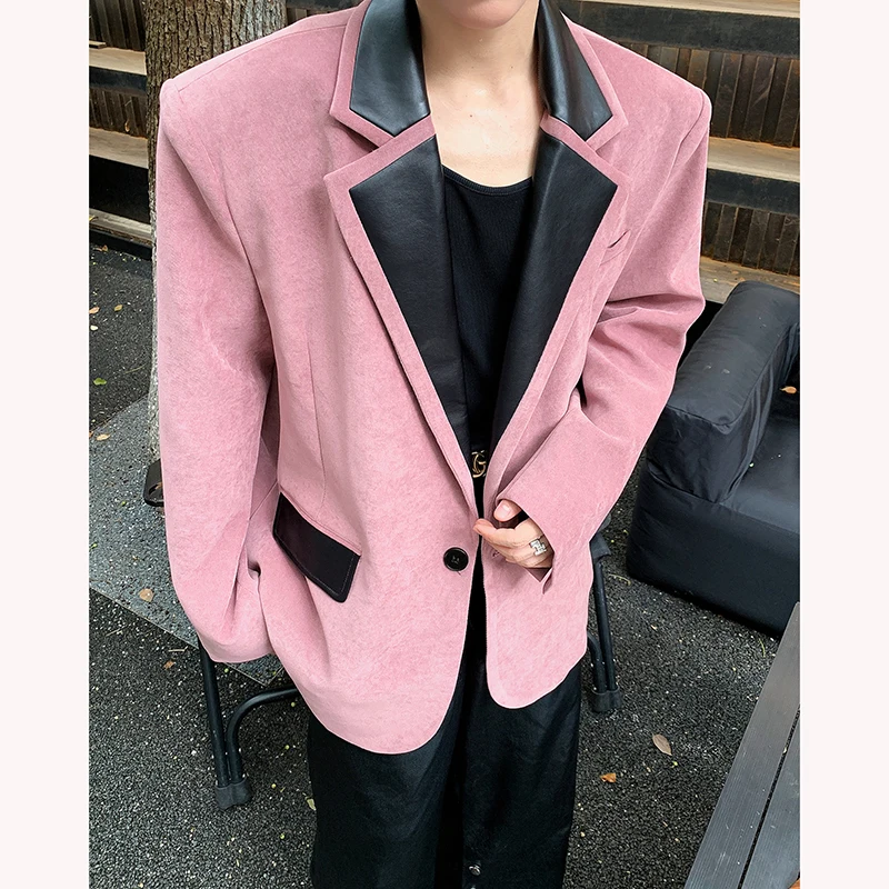 

Ретро-пиджак с подплечниками, розовый, мужской, клубный, повседневный, с кожаными вставками, модный, молодежный, популярный, с длинными рукавами, стандартный крой