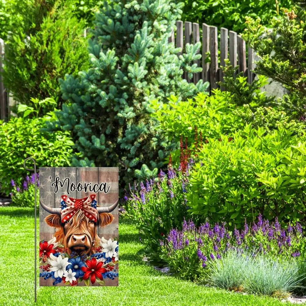 Patriotic Highland Cow Garden Flag for Outside 4th of July Decorations 12x18 Inch Double Sided Moorica Floral American Farm jjp