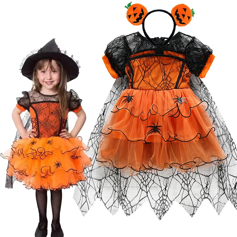 

Girl Halloween Spider Cloak Lace Splicing Mesh Cake Princess Dress Kid Cosplay Vampire Fancy Dress Children Carnival Party Dress