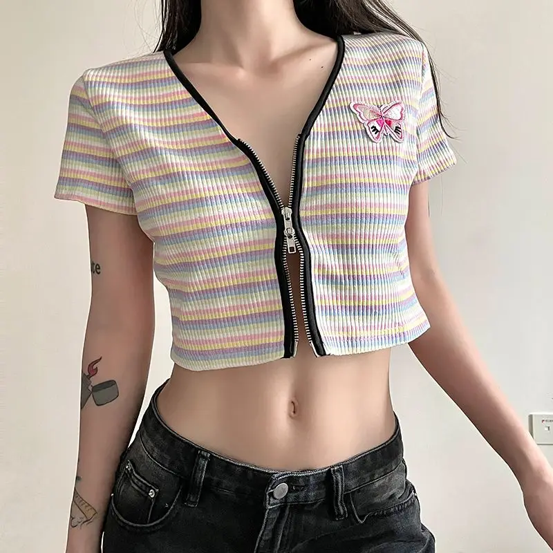 

T-Shirt V-Neck Striped Zipper Butterfly Embroidery Design Women'S Slim And Sweet Short Outer Wear Short-Sleeved Top Niche Summer