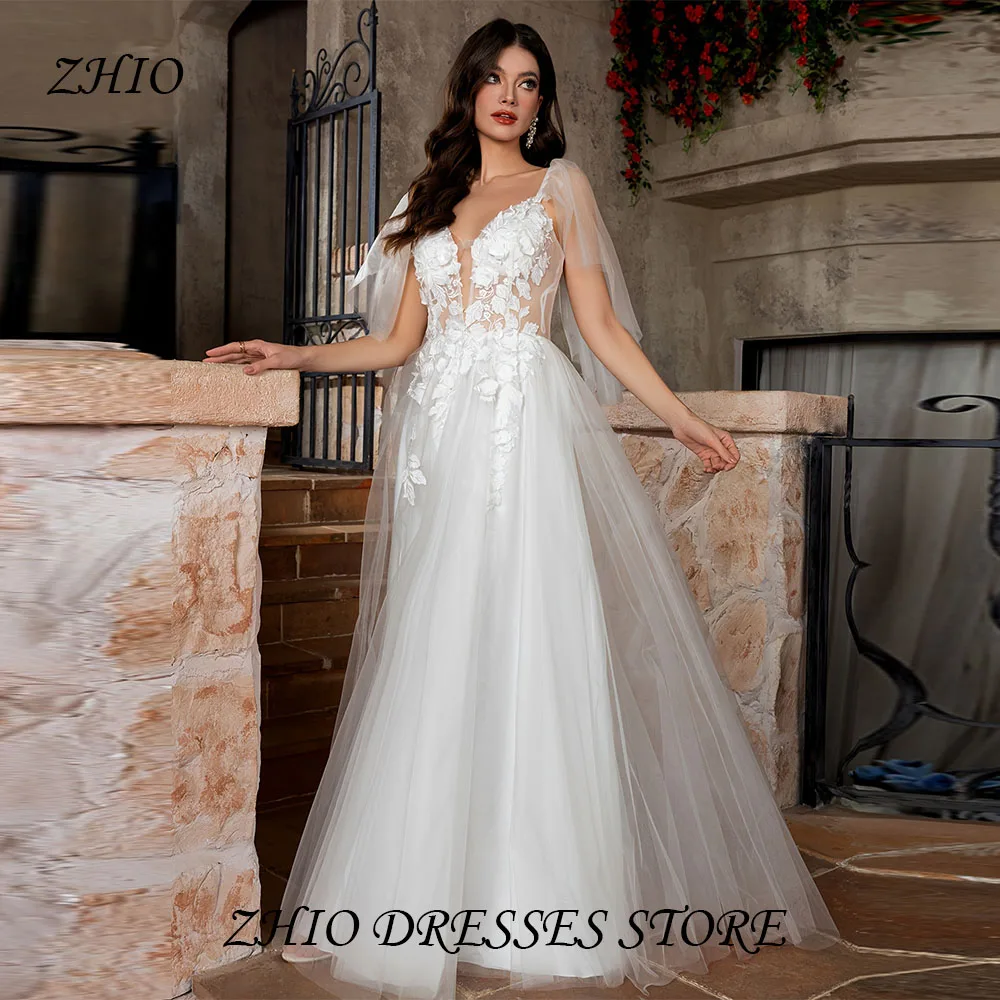 

ZHIO Lace Long Sleeve Korean Wedding Dress Off Shoulder A-line Bridal Dress Backless Princess Decal Bridal Dress Customized