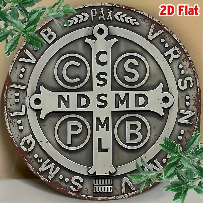 2D Flat, 2D Flat 1pc Retro Saint Benedict Medal Aluminium Wandkunst - 7,8" Rundes Metallschild mit religiösem Symbolismus für Bar, Café