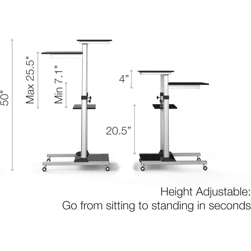 Rolling Desk Laptop - Standing or Sitting Mobile Computer Cart with Wheels, Adjustable Height & 27.5-inch Surface - Portable