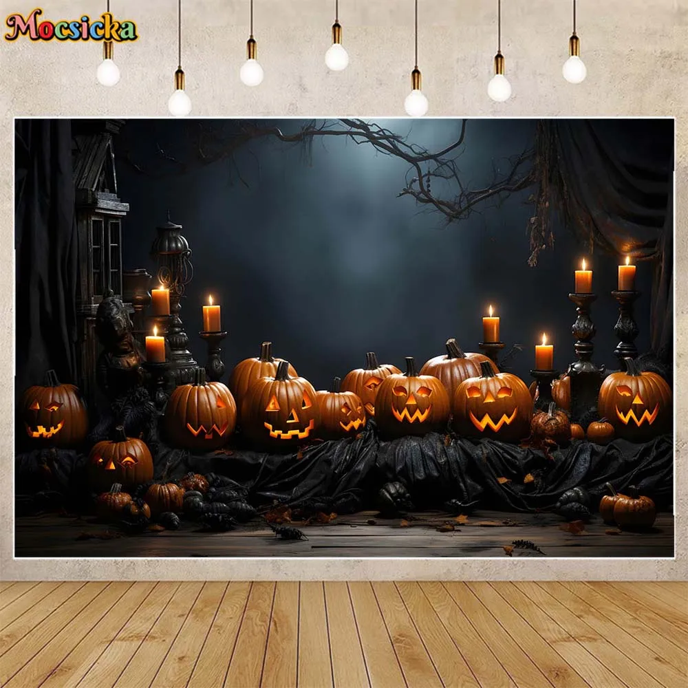 

Mocsicka Halloween Background for Photography Dark Black Party Decorations Evil Pumpkin Candle Adult Child Photo Backdrops Props