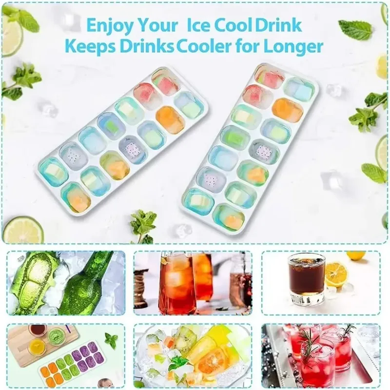 14 Grids Ice Cube Trays Reusable Silicone Ice cube Mold Fruit Ice Maker with Removable Lids Kitchen Tools Freezer Summer Mould