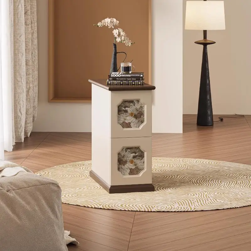 Retro style solid wood printing bedside table designer niche bedroom bedside table narrow small locker