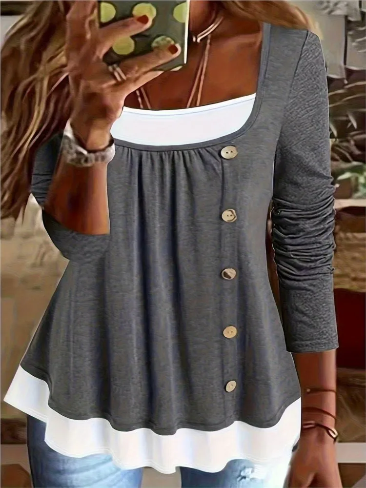 

Spring And Autumn New Pullover Shirt Women's Fashion Loose Casual Button Decoration Fake Two-piece Color Block Long-sleeved Top
