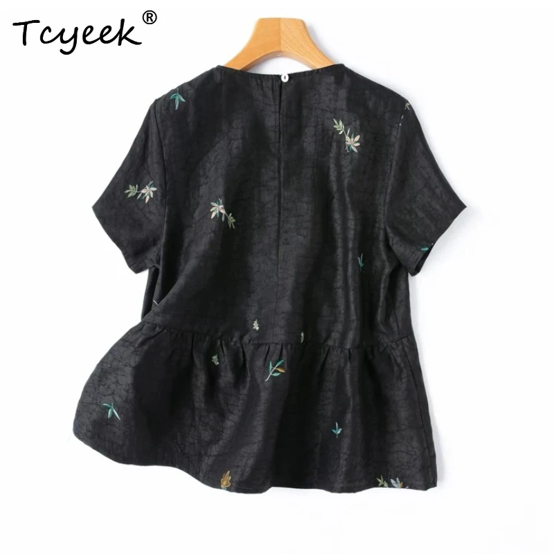 

Tcyeek 100% Real Silk Tops for Women 2026 Spring Summer Chinese-style Embroidered Round-neck Top Clothes for Woman Tops De Mujer