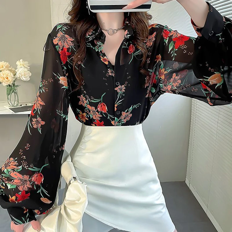 Women Vintage Elegant Fashion Floral Print Shirts Office Lady Casual Commute Chiffon Blouses Chic Lantern Long Sleeve Loose Tops