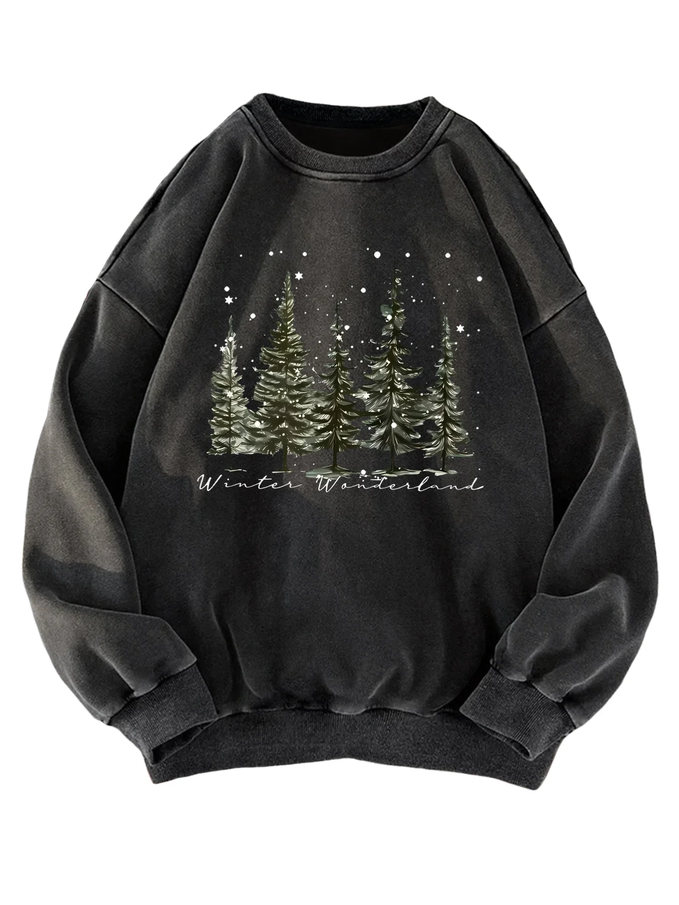 

Women's Vintage Christmas Tree Print Hoodie - Cozy Washed Round Neck Pullover Sweatshirt with Festive Green & Golden Holiday