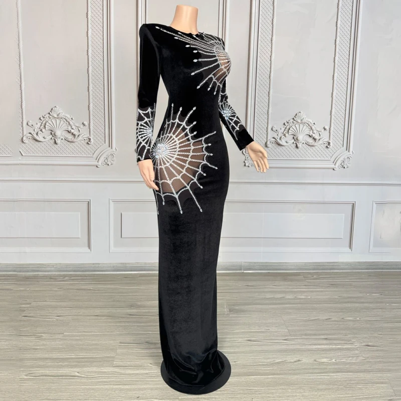 クモの巣ラインストーンイブニングドレス女性黒ベルベットフェスティバル衣装パーティードレスジャズダンス衣装ステージドレス XS10094