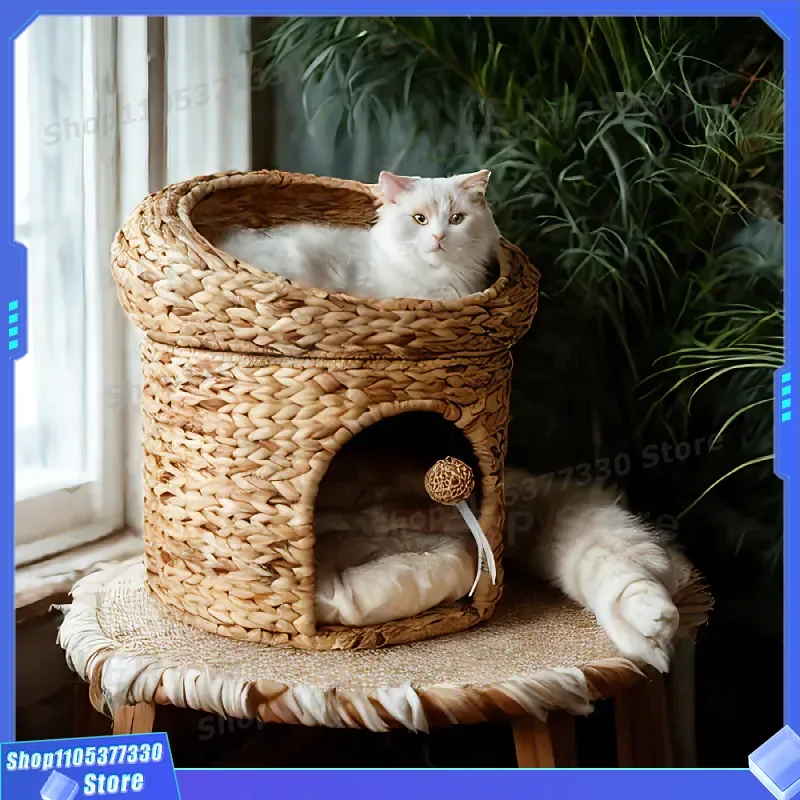 Double Layer Closed Cat Litter Box House Villa Pet Bed with Scratch Resistant Rattan Climbing Frame for Cats and Small Dogs