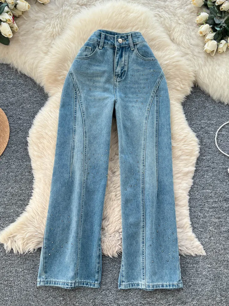Fashionable bright diamond high waist loose denim wide leg pants women in the spring 2026 slim and versatile casual pants
