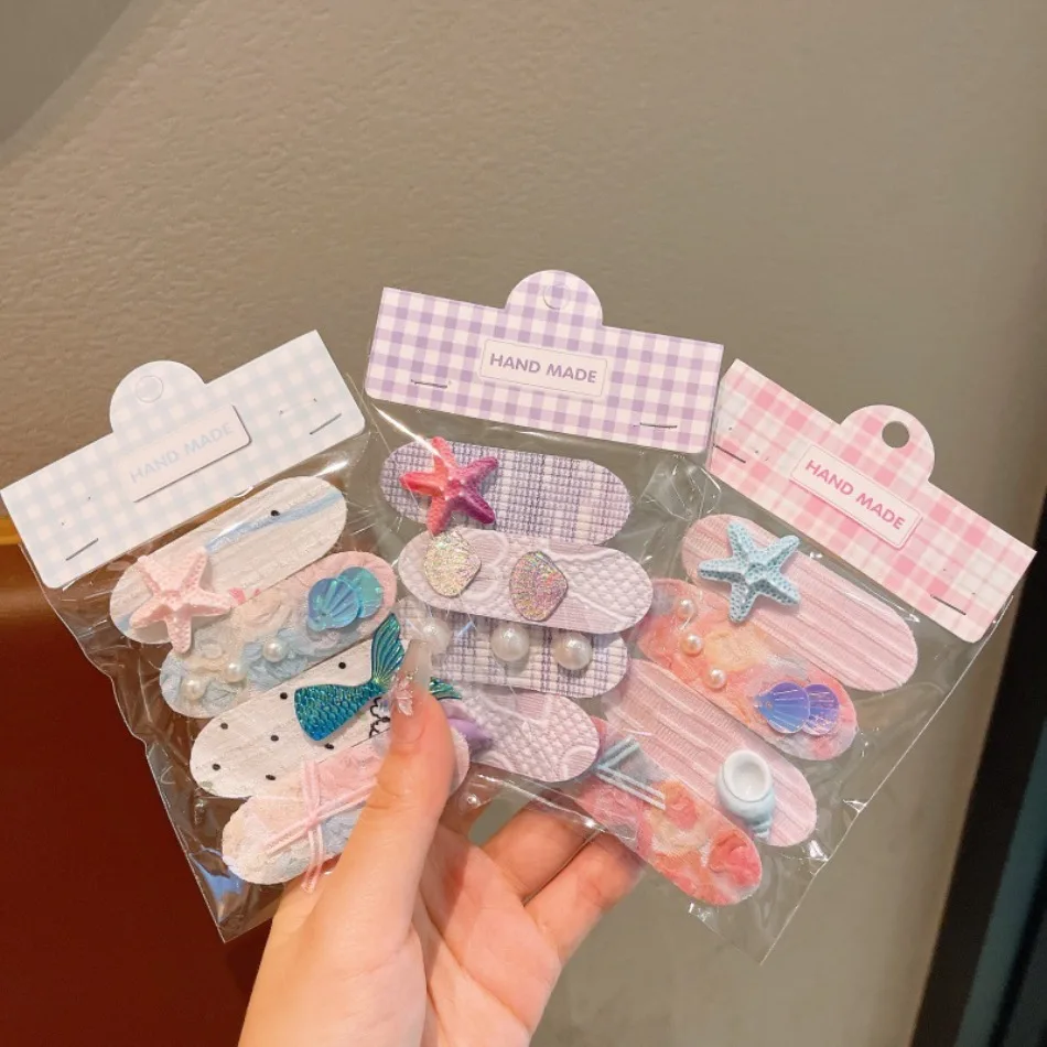 New Toddler Girls Korean Mermaid Starfish Hairpin Children Short Velcro Girls Cartoon Broken Hair Finishing Hair Bright ZX07