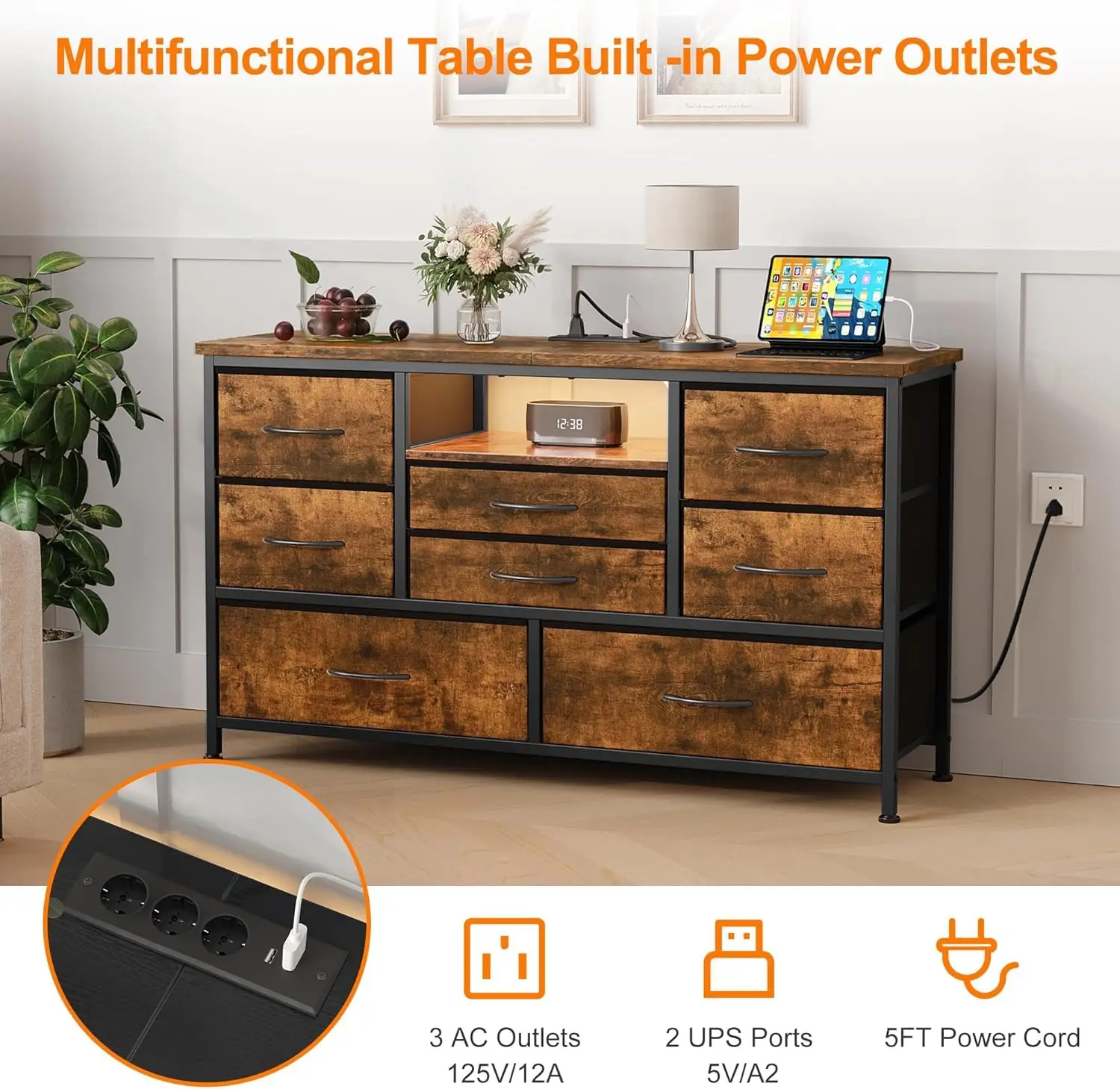 Cómoda de Tela con 8 Cajones, Soporte para TV con Luz LED, Estación de Carga, Mueble de Almacenamiento para Habitación Infantil, Sala de Estar o Pasillo
