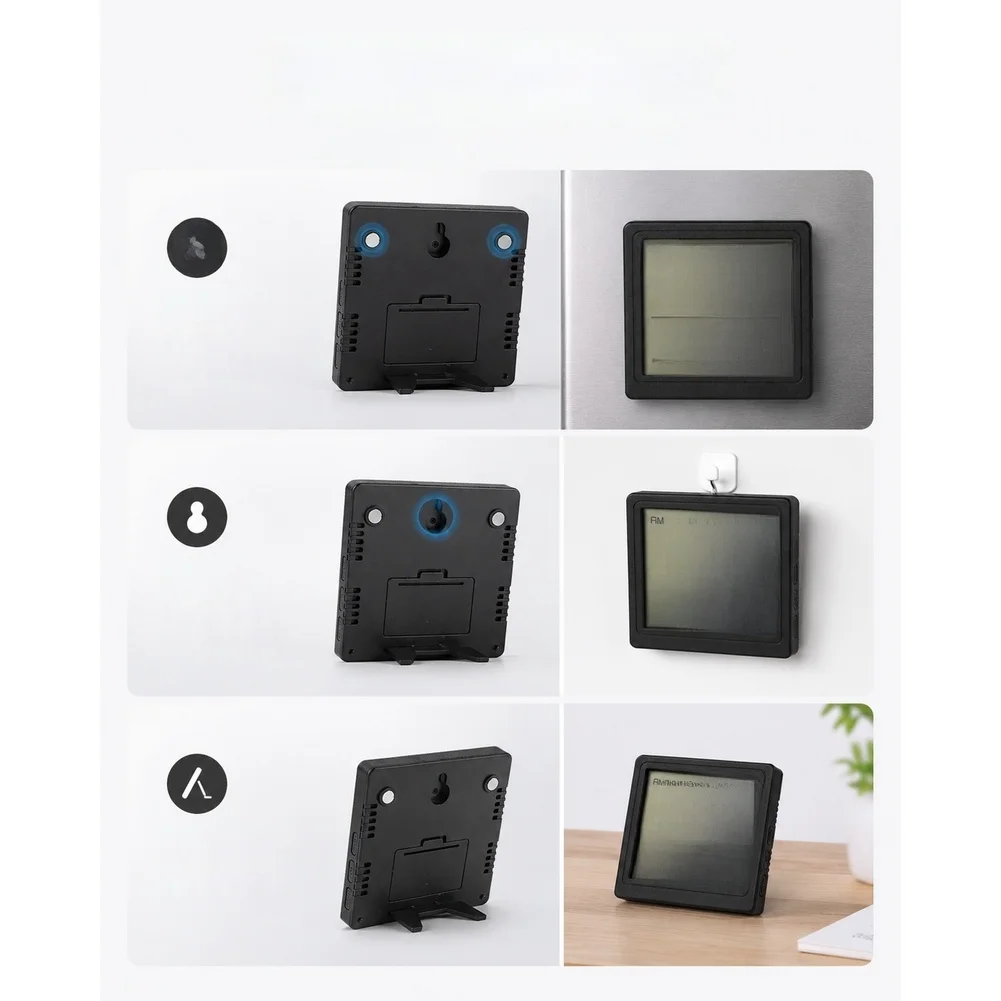 3 in 1 Hygrometer Thermometer Clock with Multi Mount Options Including Magnetic Back Foldable Stand and Wall Mount Hole