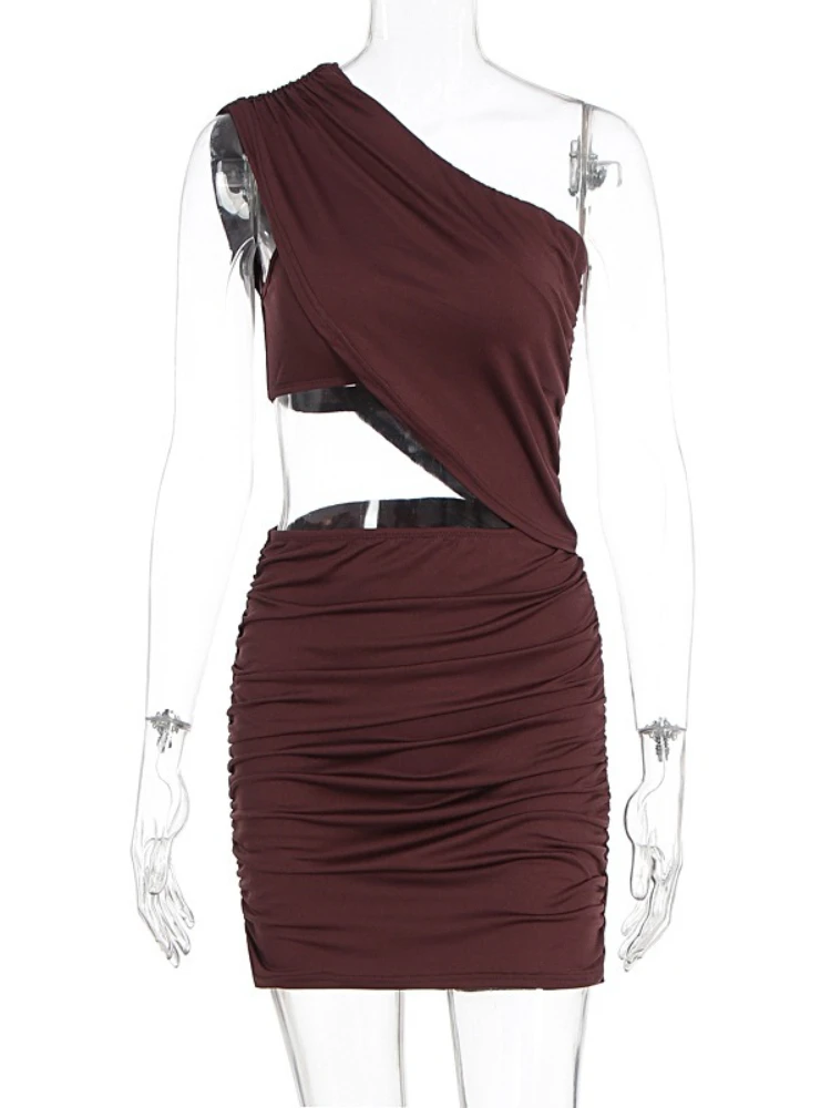 SsTss Mini abito sexy da donna monospalla senza maniche con dettagli ritagliati solidi Abito aderente da night club slim fit increspato Nuovo alla moda