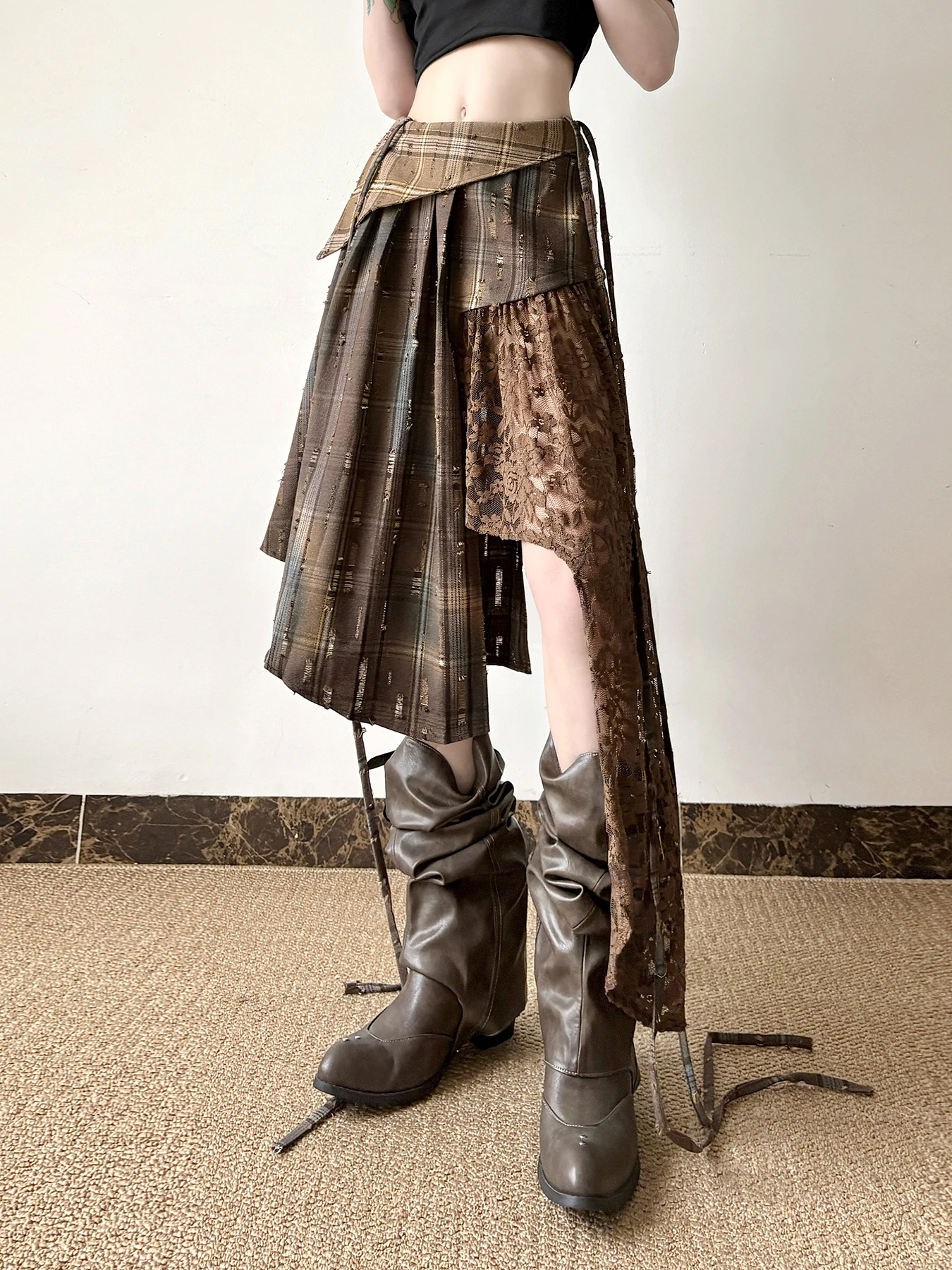 Hot Girls Subculture Wastland Punk Rock Patchwork Skrit Brown Lace Plaid Asymmetric Sashes Designer Mid Long Skirt Jupe