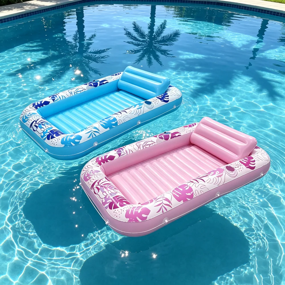 1pc PVC Inflatable  Tropical Leaf Printed Floating Water Raft with Headrest, Large Swimming Pool Float Bed for Adults