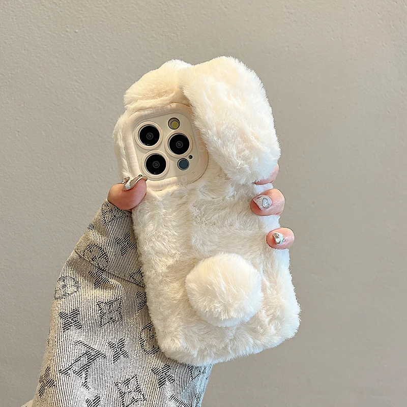 New Iphone Case Cute Plush Pink White Big Ears Rabbit Warm Personalized Customized Phone Case Plush Winter Anime Cartoon Gift