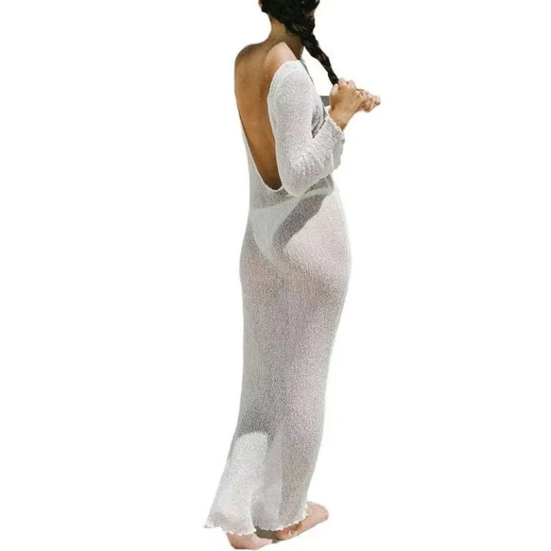 Women's Spring and Autumn Long Dress Knit Coverall Backless Round Neck Perspective Sexy Solid Color Slim Simple Fashion New Soft