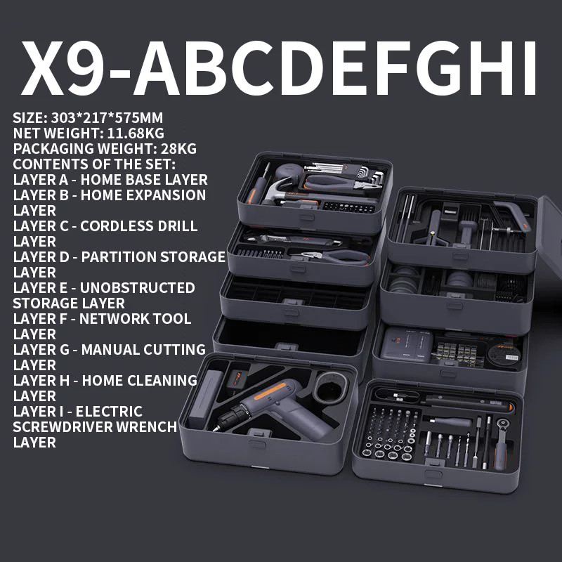 Boîte à outils combinée électrique domestique X9-ABCDEFGHI, combinaison gratuite en couches pour outils à main de bricolage et outils de réparation à domicile