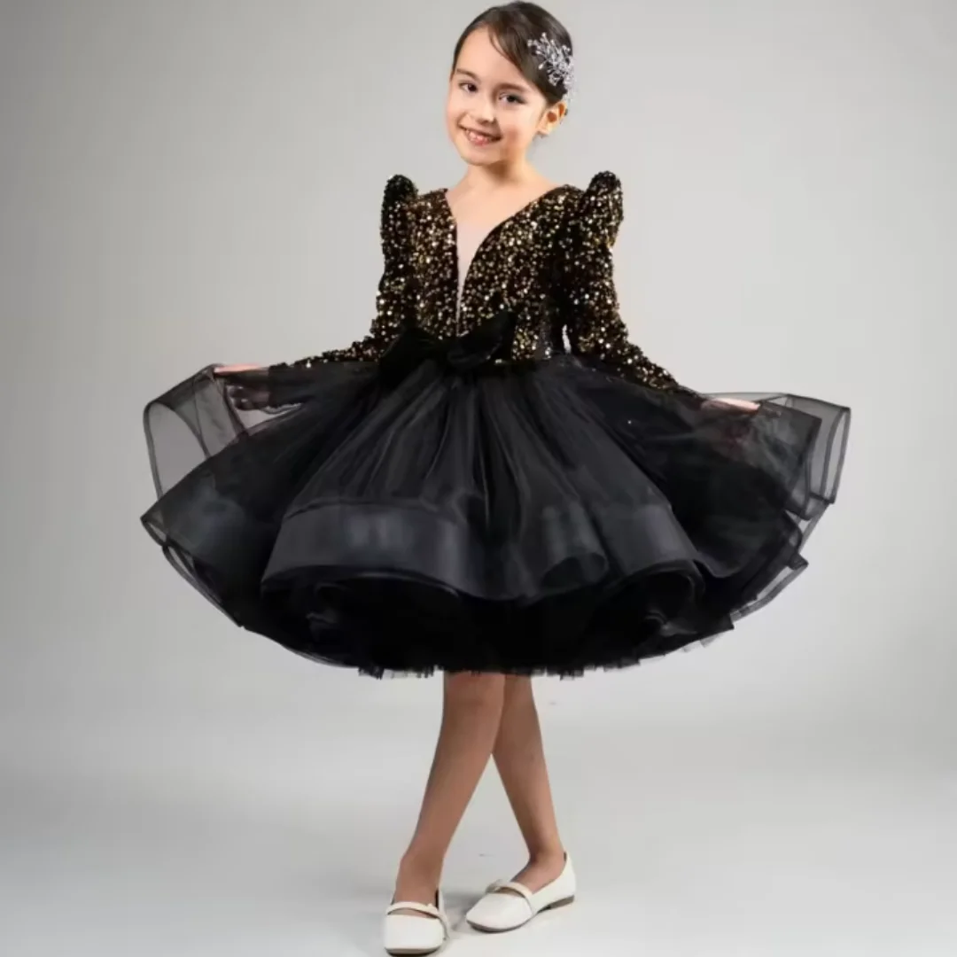 فستان فتاة الزهور اللامع من الدانتيل بأكمام طويلة بطول الركبة فستان الأميرة لحفلات الزفاف وأعياد الميلاد ومهرجانات التجميل والحفلات