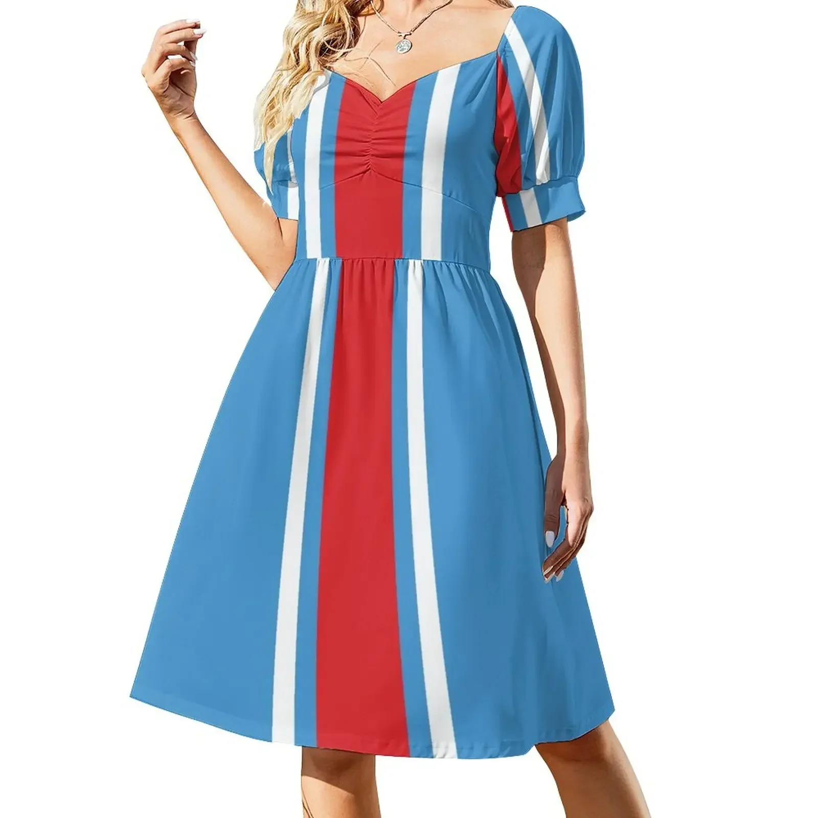 Powder Blue, White, & Red Vertical Power Stripe Sleeveless Dress Clothing female dress summer 2025 women Dress