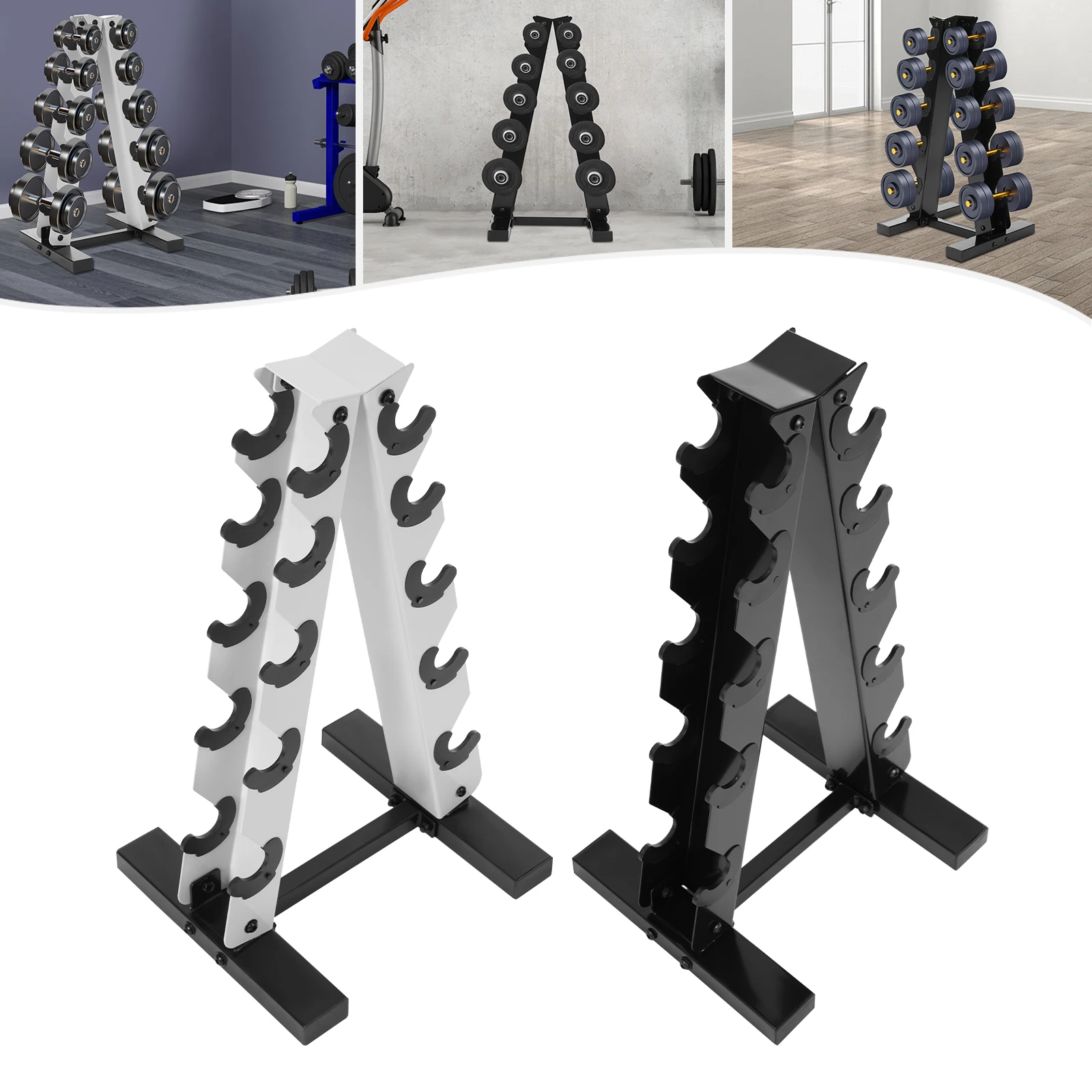 Estante para mancuernas con marco A, estante para mancuernas de acero de 5 niveles, soporte para pesas para gimnasio en casa, negro/blanco