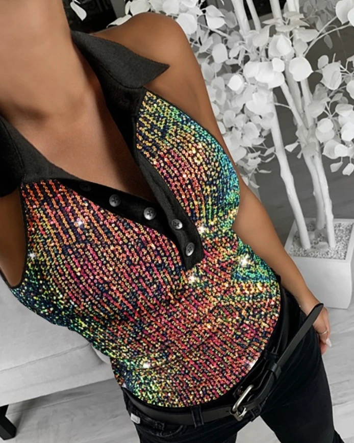 Contrast Sequin Turn-down Collar Sleeveless Tank Button Design Casual Slim Fit Top