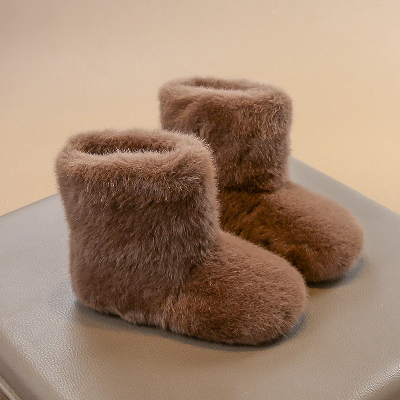 Kids Winter Fashion Round Toe Plush Cute Comfortable Warm Slip-on Snow Boots Casual Lightweight Students Daily Walking Boots