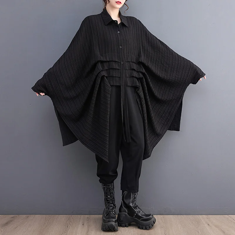 #2801 Black Green Irregular Shirt Women Batwing Sleeve Loose Long Streetwear Hip Hop Womens Tops And Blouses Folds Korean Style